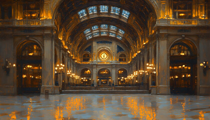 Naklejka premium Grand hall interior with high arches, ornate details, and a clock.