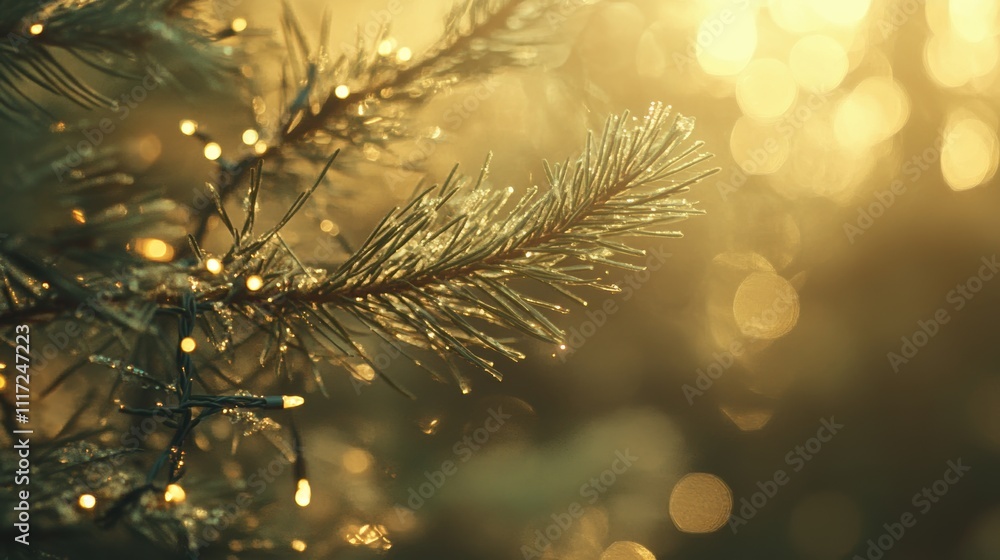 Poster close-up of a frosted evergreen branch with glowing fairy lights and golden bokeh in the background.