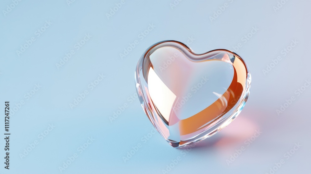 Poster shimmering 3d heart with glass texture and reflection on soft background for romantic and inspiratio