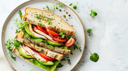 Fresh turkey and avocado sandwich on a white plate on a white table on a white background