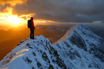 Hiker on snowy mountain peak at sunset.