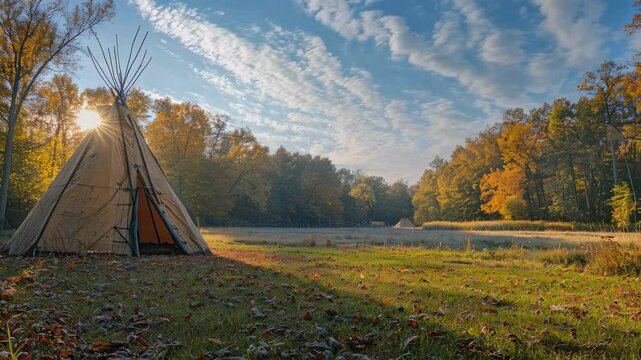 Autumn landscape with a cozy teepee in the wilderness