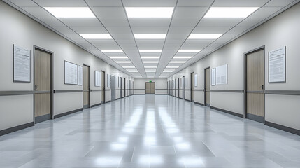 Obraz premium Long, empty hospital corridor with doors and light fixtures.