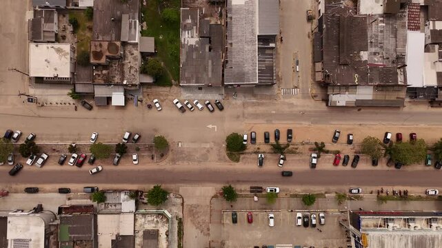 Main road crossing Chui city, border between Brazil and Uruguay, Rio Grande do Sul. Aerial top-down view