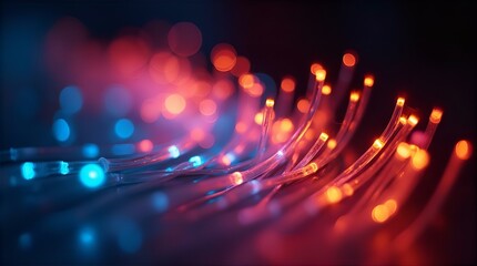 Abstract Close-Up of Illuminated Fiber Optic Cables, Red and Blue Glowing Cores, Bokeh Background, Dynamic Composition