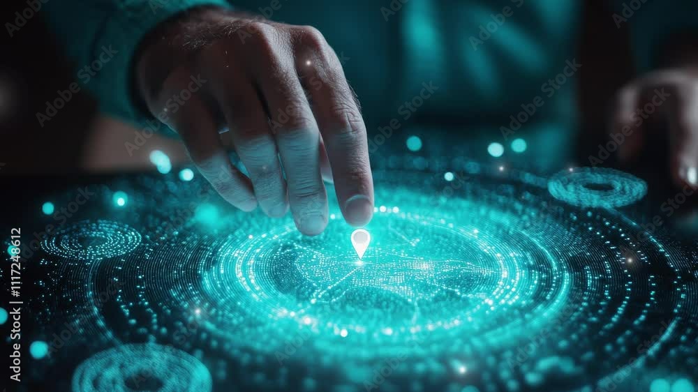 Poster businessman touching a digital map location pin on a virtual hologram interface. data network connec