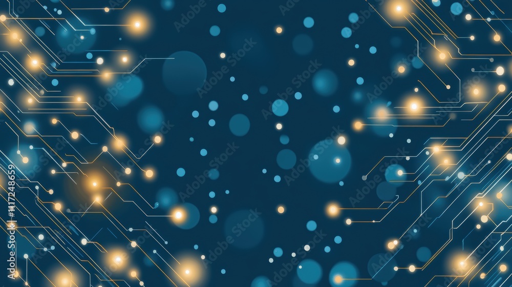 Poster abstract circuit design with glowing lights on a dark blue background. futuristic digital network an