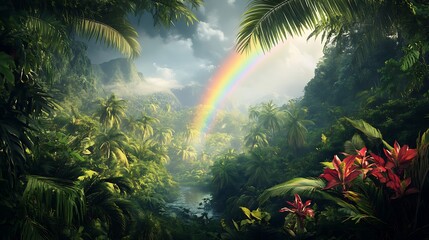 Obraz premium A vibrant tropical landscape featuring lush vegetation and a rainbow over a serene river.