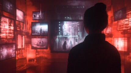 A person viewing a digital holographic gallery of their memories stored in the cloud,