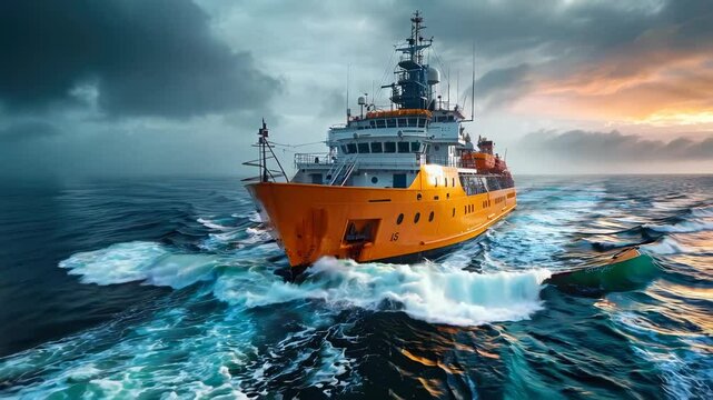 Orange research vessel navigating stormy seas at sunset