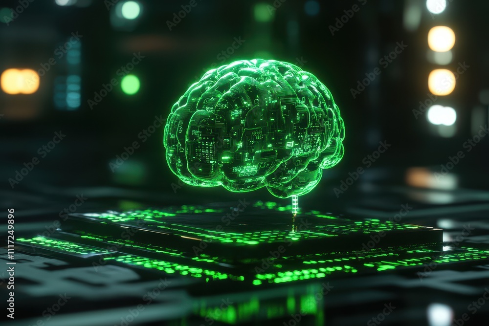 Poster a glowing green brain model on a circuit board, symbolizing artificial intelligence and technology.