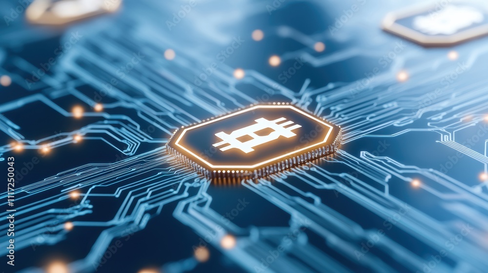 Poster bitcoin logo on illuminated computer chip surrounded by a digital circuit.