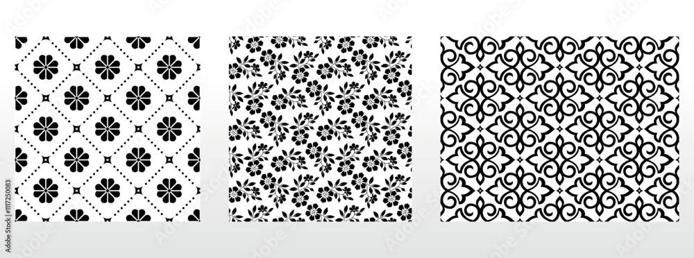 Poster geometric floral set of seamless patterns. white and black vector backgrounds. damask graphic orname