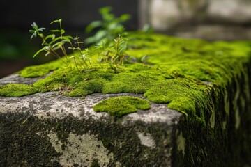 Obraz premium Green moss and small plants growing on a weathered stone surface. (1)