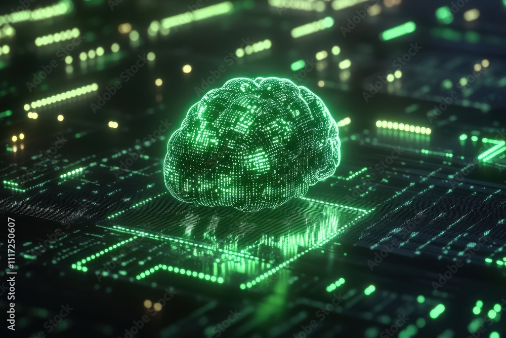 Poster a glowing digital brain on a circuit board, representing artificial intelligence and technology.