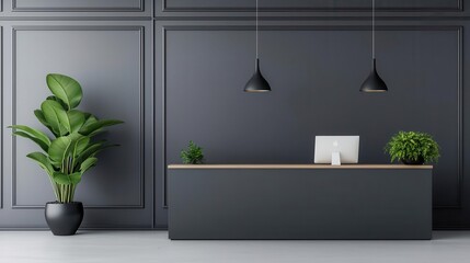 Minimalist reception with geometric furniture, clean lines, and a monochrome color scheme, geometric reception design, modern, elegant