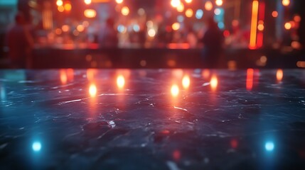 Fototapeta premium A dark veined marble table glowing softly, set against a dreamy blurred backdrop of a lively New Year crowd with shimmering lights and movement, capturing the festive excitement, hd quality,