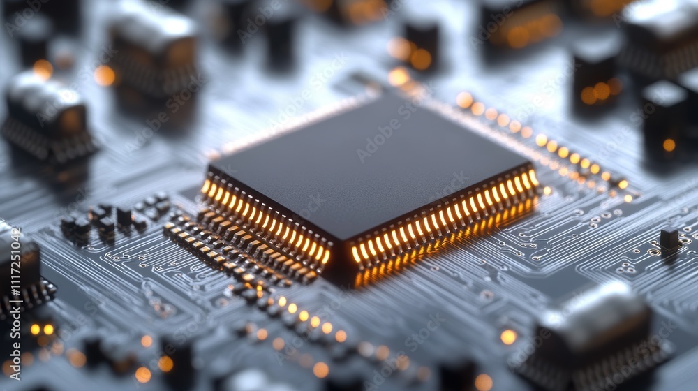 Aufkleber close-up of microchip on electronic circuit board with glowing components.