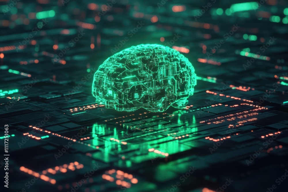 Poster a digital brain glowing in a circuit-like environment, symbolizing advanced technology.