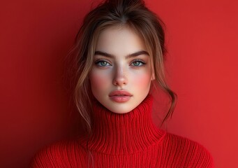 Young woman with striking blue eyes and soft lips, wearing a cozy red sweater against a vibrant red background, showcasing beauty and elegance in a minimalistic portrait.