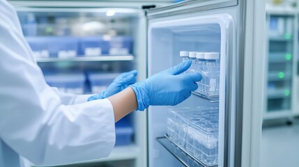 A laboratory technician places vials into a refrigerator, wearing gloves and a lab coat, ensuring proper handling of sensitive materials.