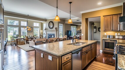 Fototapeta premium Modern kitchen with an open layout, featuring a central island and living area in view.