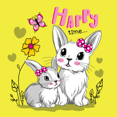 Cute cartoon rabbits with pink bows sitting together surrounded by flowers, hearts, and butterfly with HAPPY time text. Fun kids animal illustration concept
