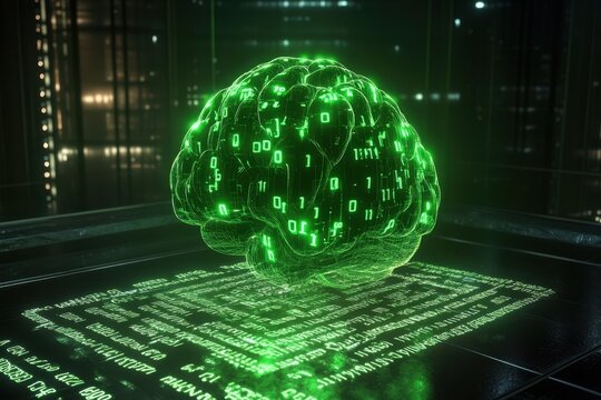 A glowing digital brain composed of binary code, symbolizing artificial intelligence and technology.
