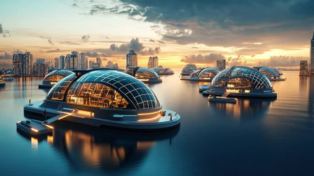 Floating smart cities integrating renewable-powered logistics hubs and zero-emission transport systems.