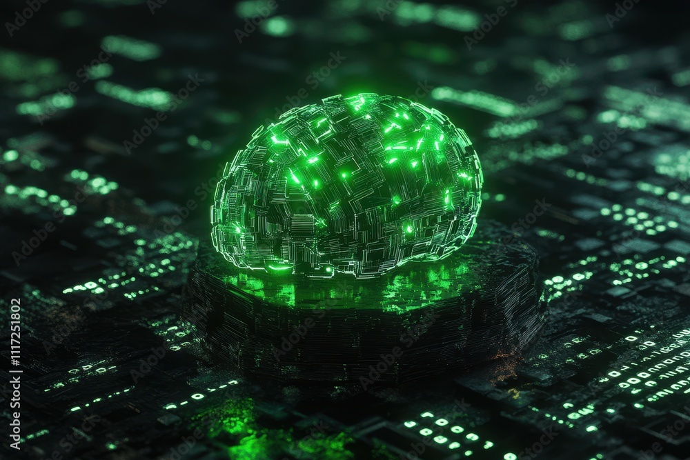 Poster a glowing green brain made of circuit-like structures, symbolizing technology and intelligence.