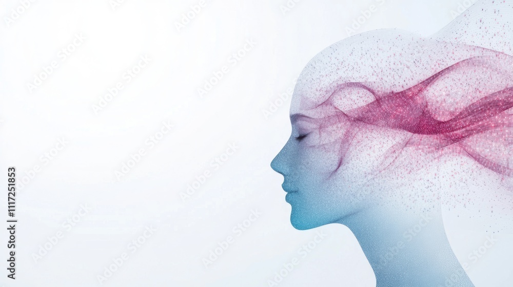 Aufkleber silhouette of a female head with abstract flowing red and blue particles. digital art with soft grad