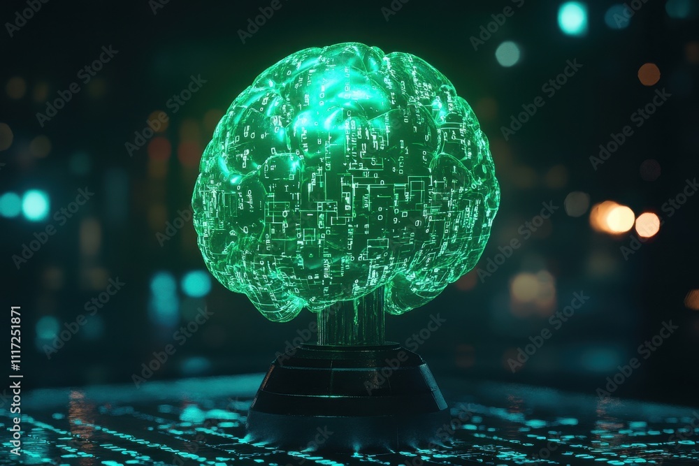 Poster a glowing, digital brain model representing advanced technology and artificial intelligence.