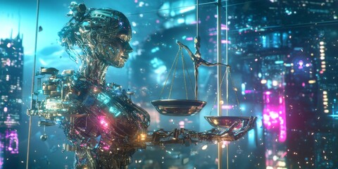 Futuristic AI Justice Robot Holding Scales of Justice in Cyberpunk City