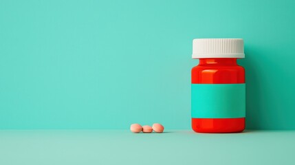 A vibrant orange bottle of pills sits against a teal background, accompanied by a few pink tablets on a flat surface.