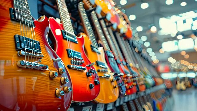 Vibrant electric guitars in a music shop display
