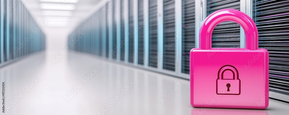 Aufkleber pink padlock symbolizing data security in a server room with blurred racks in the background.