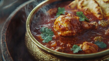 Steaming Chicken Curry in Brass Bowl with Naan