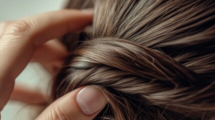 Hair Twisting: A close-up of fingers twisting a lock of hair at the scalp, emphasizing texture and health. 