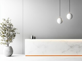 Elegant minimalist hotel reception with a floating glass desk, white marble floors, and soft lighting, floating glass reception, luxurious, sleek