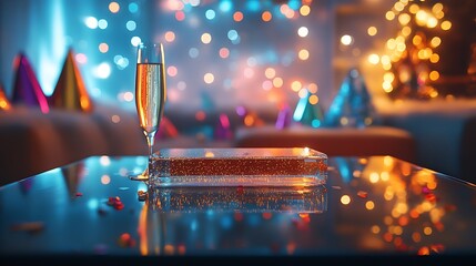 A modern glass table glowing faintly under soft light, with a blurred backdrop of shimmering champagne glasses and colorful festive party hats, evoking the joy of celebration, hd quality,