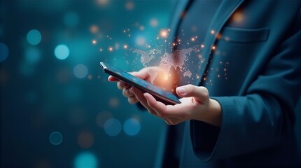 A close-up of a person in a business suit holding a smartphone, displaying a vibrant, digital representation of a global network