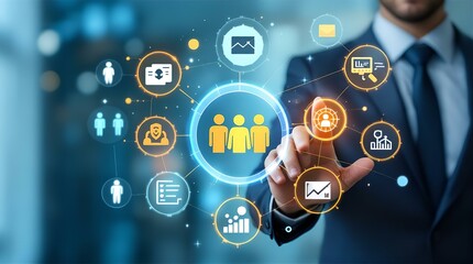 Businessman Interacting with Holographic Interface Showing Team Management and Data Analytics