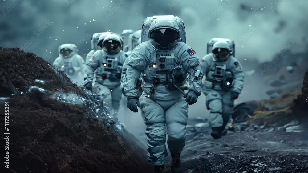 Poster astronauts exploring an alien landscape with a mysterious atmosphere