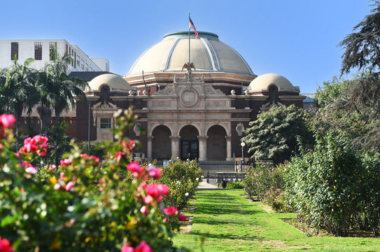 LOS ANGELES, CALIFORNIA - 4 DEC 2024: The Rotunda of the Natural History Museum seen fron the Rose Garden in Exposition Park.