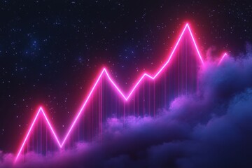 Neon pink graph ascends through clouds, starry night backdrop. Illustrates growth, success, or upward trend; ideal for finance, technology, and future concepts.