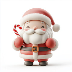 Obraz premium cheerful Santa Claus in playful chibi style holding candy cane, wearing red suit with white fur trim, and smiling joyfully in 3D illustration on white background
