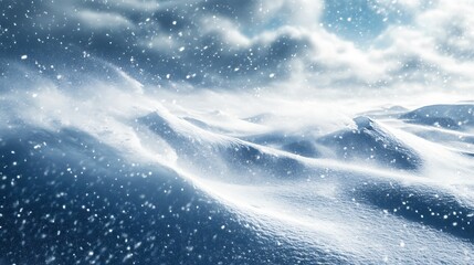A serene snowy landscape with drifting snow and soft light filtering through clouds.
