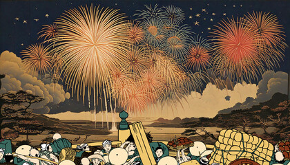 花火が上がっている祭り（背景：生成AI）	