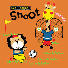 Cute cartoon lion kicking soccer ball with giraffe as goalkeeper in front of goal net and playful sports text. Fun kids soccer game concept
