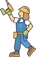 Female construction worker with drill, helmet, and gloves, symbolizing empowerment and skill.
